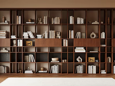 Stylish Wooden Bookcase Design With Open Shelving Books Decorative Items And Vases 3d model