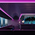 Modern Hotel Lobby With Stylish Purple Neon Lights And Sleek Integrated Bar Lounge Design