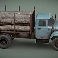 Old Blue Truck Loaded With Stacked Wood Logs For Building Materials