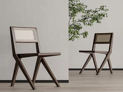 Stylish Wooden Frame Leisure Chair With Woven Backrest Indoor Light Wall Wooden Floor Green Plant 3d model