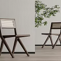 Stylish Wooden Frame Leisure Chair With Woven Backrest Indoor Light Wall Wooden Floor Green Plant