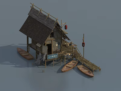 Wooden Hut With Thatched Roof On Water Featuring Fish Market Sign Wooden Dock And Boats 3d model