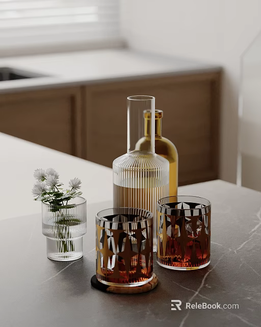 Decorative Ornament Set With Transparent Textured Vases Glass Bottles And Geometric Cups On Marble Countertop 3d model 