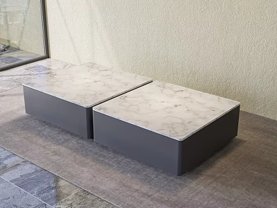 Two Modern Coffee Tables With Marble Top And Dark Gray Base On Gray Rug 3d model