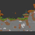 Cartoon Scene of Chinese Ancient Palace with Orange Trees Small Buildings and Figures