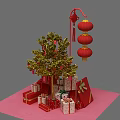 Shiny Golden Decorated Tree With Red Lanterns And Gift Boxes For Festive Setup 3d model
