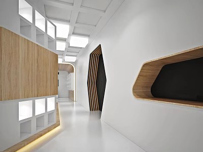 Modern Office Corridor Interior With Wooden Panels Geometric Doors And Ceiling Lights 3d model