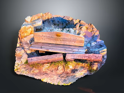 Wooden Outdoor Bench Placed On Natural Rocks With Green Grass Surroundings 3d model