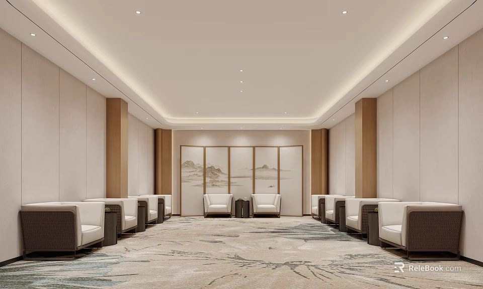 Elegant Chinese Style Conference Room With Symmetric Seats Landscape Painting And Patterned Carpet 3d model 