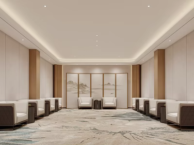Elegant Chinese Style Conference Room With Symmetric Seats Landscape Painting And Patterned Carpet 3d model