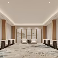 Elegant Chinese Style Conference Room With Symmetric Seats Landscape Painting And Patterned Carpet