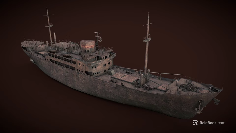 Vintage Cargo Ship With Weathered Hull Wooden Deck And Mast Structures Details 3d model 