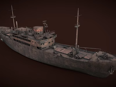 Vintage Cargo Ship With Weathered Hull Wooden Deck And Mast Structures Details 3d model