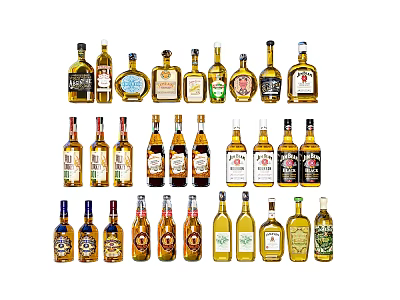 Assorted Wine Bottles and Glasses Collection with Different Labels and Colors 3d model
