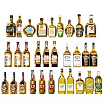 Assorted Wine Bottles and Glasses Collection with Different Labels and Colors