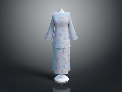 Light Blue Cheongsam With Floral Pattern Long Sleeves Stand Up Collar Matching Skirt On Mannequin 3d model
