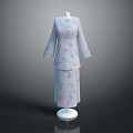 Light Blue Cheongsam With Floral Pattern Long Sleeves Stand Up Collar Matching Skirt On Mannequin