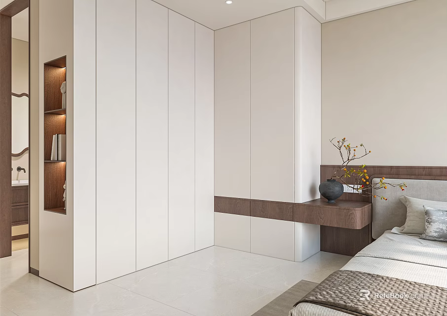 Modern White Built in Wardrobe in Bedroom with Wooden Countertop and Decorative Vase 3d model 