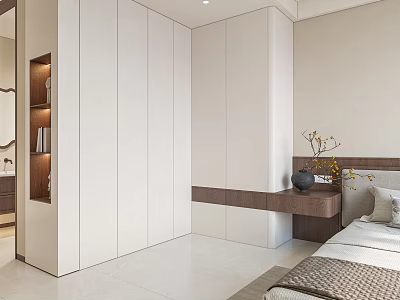 Modern White Built in Wardrobe in Bedroom with Wooden Countertop and Decorative Vase 3d model