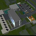 Aerial View Planning of Modern Building with Solar Panels Parking Lot Greenery Vehicles and Road