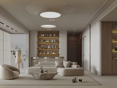 Modern Living Room Interior Design With Sofa Coffee Table Bookshelf And Pendant Light 3d model