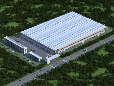 Large Industrial Warehouse Building With White Roof Green Surroundings Parking Area And Road Access 3d model