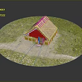 Cartoon Scene Featuring Thatched Roof Cottage With Green Grassland And Dirt Path In Circular Setting