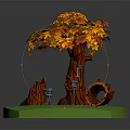 Autumn Themed Tree With Orange Yellow Leaves And Tree Stump On Green Grassy Base