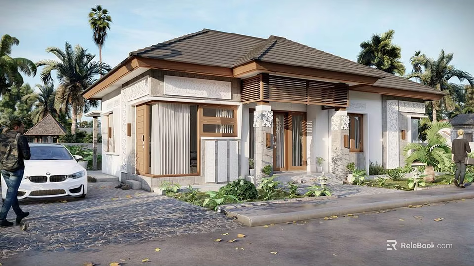 Detached Villa Exterior Featuring Dark Roof Wooden Accents White Walls Palm Trees And Landscaped Driveway 3d model 