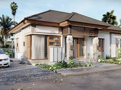 Detached Villa Exterior Featuring Dark Roof Wooden Accents White Walls Palm Trees And Landscaped Driveway 3d model