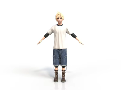 Blonde Haired Man Wearing White T-shirt Black Elbow Pads Blue Denim Shorts And Brown Boots 3d model