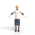 Blonde Haired Man Wearing White T-shirt Black Elbow Pads Blue Denim Shorts And Brown Boots
