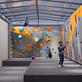 Indoor Climbing Gym With Colorful Holds On Walls And People Climbing Inside