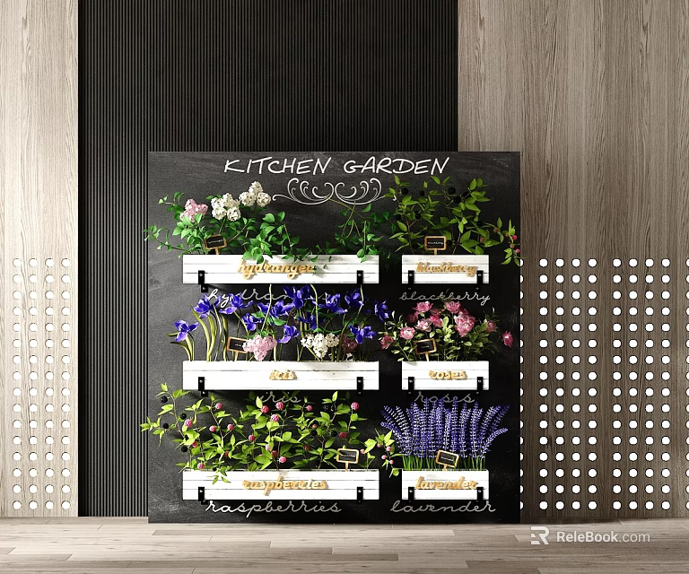 Kitchen Garden Blackboard With Layered Shelves And Potted Herbs Like Basil Mint Lavender 3d model 
