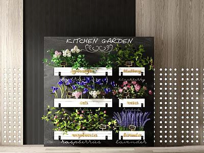 Kitchen Garden Blackboard With Layered Shelves And Potted Herbs Like Basil Mint Lavender 3d model