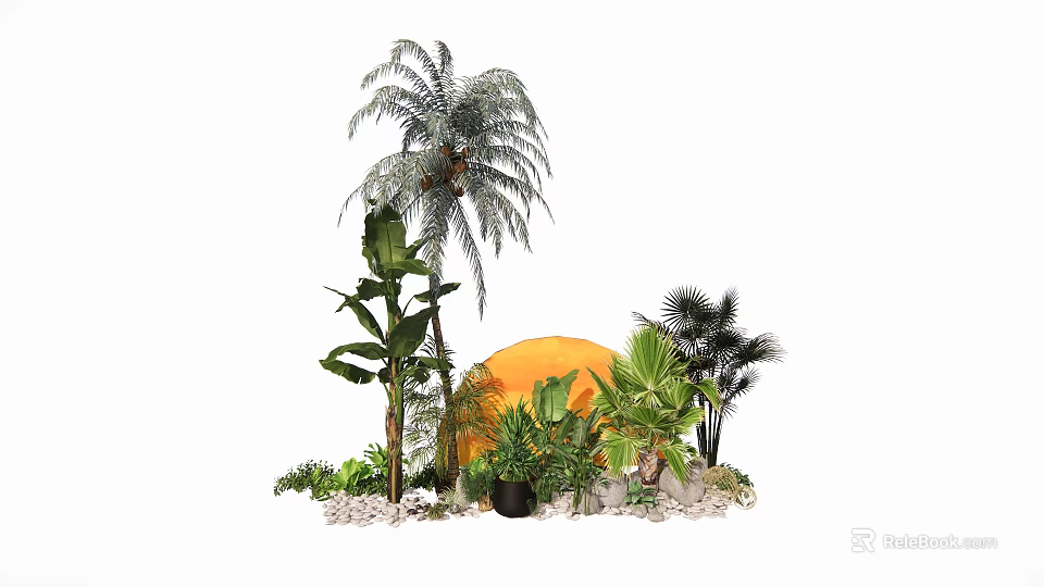 Green Plant Wall Featuring Palm Banana Trees Orange Sphere and Decorative Stones 3d model 