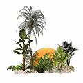 Green Plant Wall Featuring Palm Banana Trees Orange Sphere and Decorative Stones