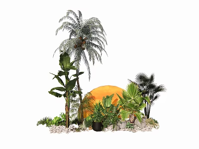 Green Plant Wall Featuring Palm Banana Trees Orange Sphere and Decorative Stones 3d model