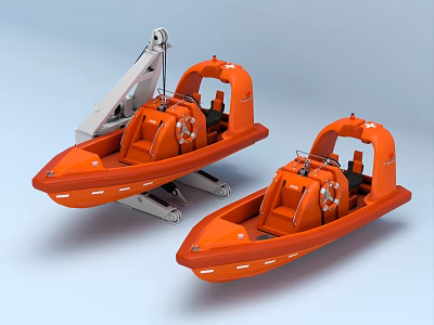 Two Orange Lifeboats Equipped With Safety Equipment And Launching Cradle 3d model