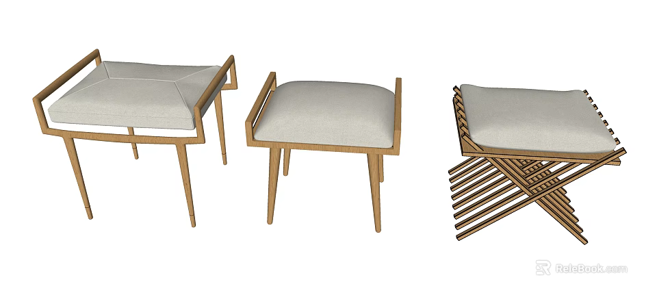 Modern Wooden Stools With Light Gray Cushions And Simple Structural Design Details 3d model 