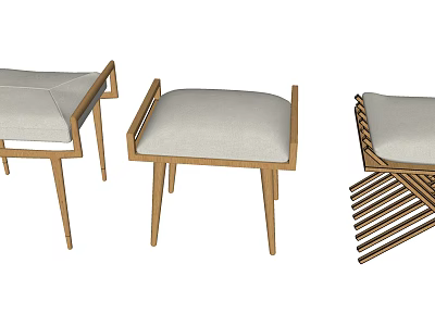 Modern Wooden Stools With Light Gray Cushions And Simple Structural Design Details 3d model