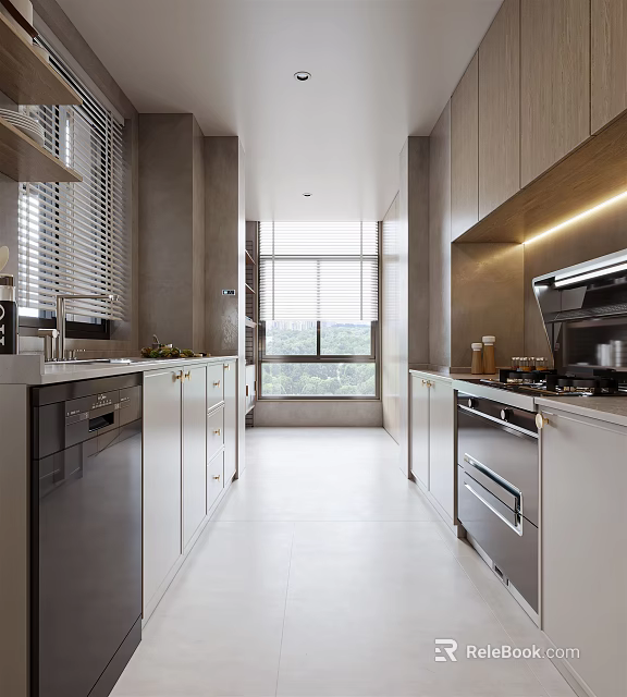 Modern Kitchen Interior With Cabinets Appliances Window Blinds And Countertop 3d model 