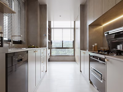 Modern Kitchen Interior With Cabinets Appliances Window Blinds And Countertop 3d model