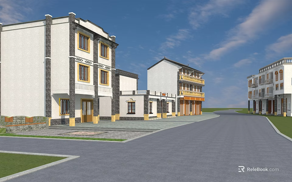 Modern Multi Story Buildings With White Gray Exterior Along Residential Street 3d model 