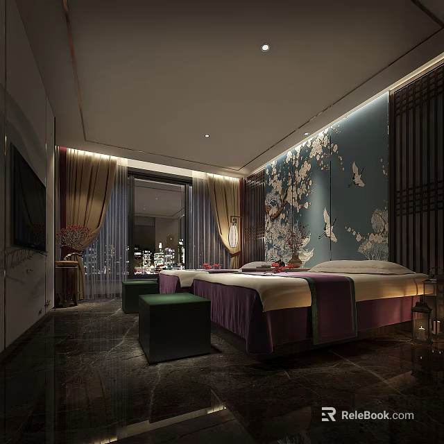 Elegant SPA Sauna Room with Comfortable Massage Beds Decorative Wall and Green Stools 3d model 