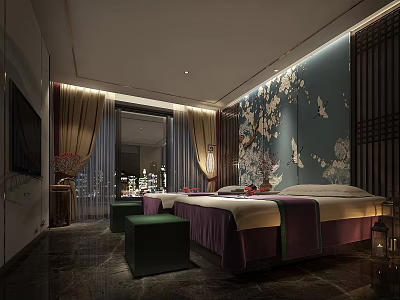 Elegant SPA Sauna Room with Comfortable Massage Beds Decorative Wall and Green Stools 3d model