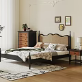 Modern Double Bed With Black Frame Rattan Headboard And Nightstand Table Lamp