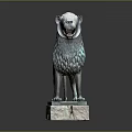 Ancient Bronze Lion Statue Standing On Stone Base With Detailed Mane