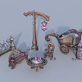 Decorative Ornament Set Including Wooden Lantern Cart Table Chair And Ornamental Jar