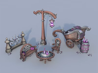 Decorative Ornament Set Including Wooden Lantern Cart Table Chair And Ornamental Jar 3d model